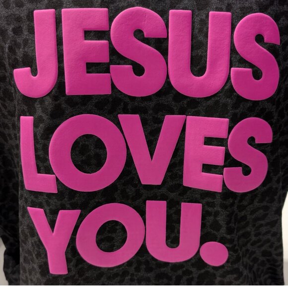 Black Leopard Jesus Loves You Puff Print Shirt - Picture 2 of 4